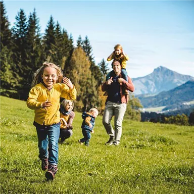 A cheerful family is playing in a green meadow with mountains in the background. Children are running and laughing while the adults accompany them.