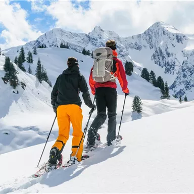 Zwei Personen wandern im Schnee in den Bergen. Die Landschaft ist mit schneebedeckten Gipfeln und einem klaren Himmel beeindruckend.