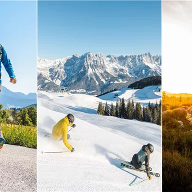 Active vacation in the mountains: A hike on a beautiful trail, skiing in the snow, and mountain biking on a path. Nature and outdoor sports come together perfectly here.