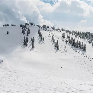 A snow-covered mountain with ski lifts and frozen trees. The sky is partly cloudy and there is a clear view.