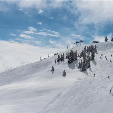 A snow-covered mountain landscape with skiers and pine trees. The sky is mostly blue with some clouds.