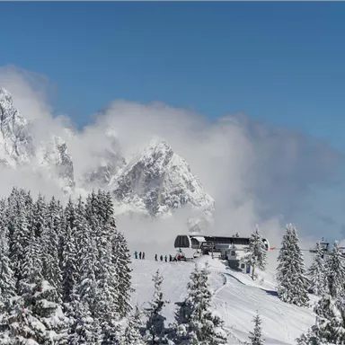 A snow-covered mountain landscape with tall fir trees and a ski lift. In the background, impressive mountains and blue sky can be seen.