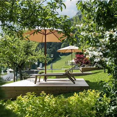 Ein ruhiger Garten mit Liegen und Sonnenschirmen. Grüne Pflanzen umgeben die relaxende Atmosphäre.