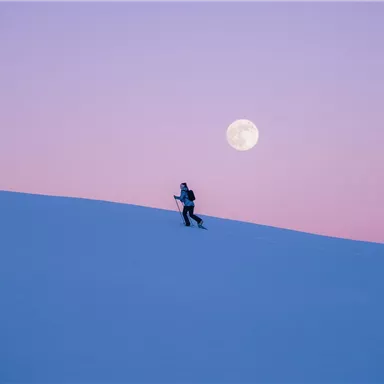 A skier moves through a snow-covered landscape under the moonlight. The sky has a gentle gradient of colors from pink to blue.