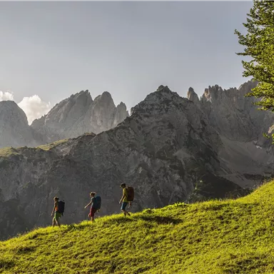 Drei Wanderer gehen über eine grüne Wiese mit Bergen im Hintergrund. Der Himmel ist klar und die Landschaft ist malerisch.