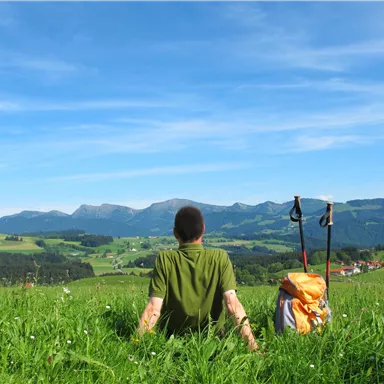 A hiker sits in a green meadow and looks at a picturesque mountain landscape. In the background, gentle hills and a clear blue sky can be seen.