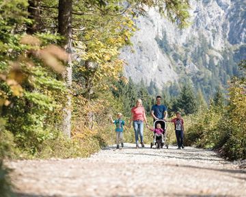 A family is walking on a picturesque path surrounded by trees and mountains. The children are happily running alongside the adults while a stroller is being pushed.