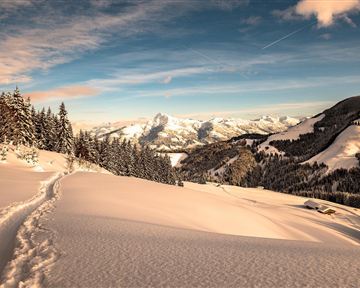 Eine verschneite Landschaft mit sanften Hügeln und hohen Bergen im Hintergrund. Der Himmel ist klar und strahlend blau.