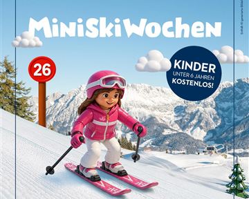 Ein Mädchen auf Skiern in rosa Kleidung fährt eine Skipiste hinunter. Im Hintergrund sind schneebedeckte Berge und ein blauer Himmel mit Wolken zu sehen.