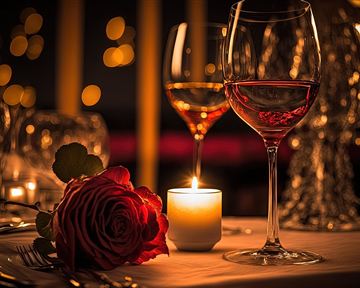 Ein romantischer Tisch mit zwei Weingläsern, einer roten Rose und einer brennenden Kerze. Die sanfte Beleuchtung schafft eine gemütliche Atmosphäre.