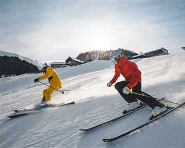 Zwei Skifahrer fahren die Piste hinunter, einer in einem gelben und der andere in einem roten Anzug. Die winterliche Landschaft ist schneebedeckt und zeigt die Schönheit der Berge.