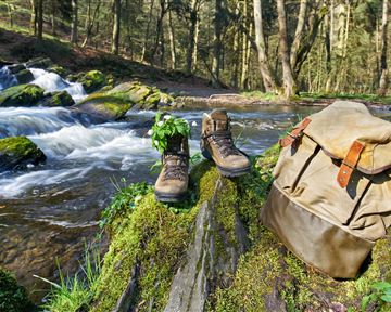 Hiking boots and a backpack are by a stream in a forest. The surroundings are green and quiet, ideal for outdoor adventures.