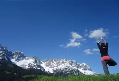 A person is practicing yoga on a green meadow in front of snow-covered mountains under a clear blue sky. The scene radiates tranquility and harmony.