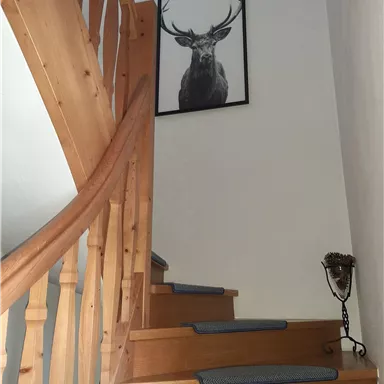 A wooden staircase with a curved railing. A framed picture of a standing deer hangs on the wall.