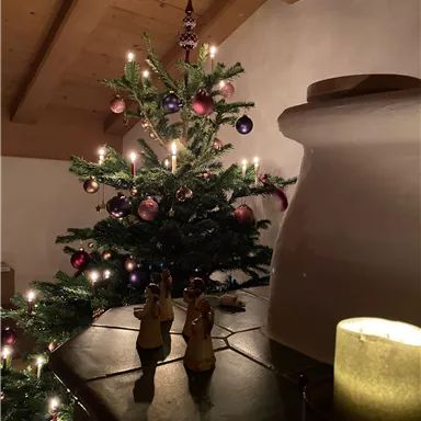 A festively decorated Christmas tree with candles and colorful ornaments. In the foreground are small angel figurines and a burning candle.