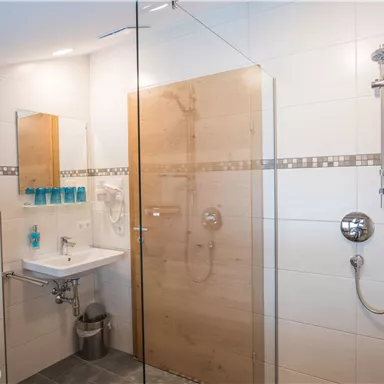 A modern bathroom with a walk-in shower made of glass and wood. There is a sink as well as care products in blue bottles.