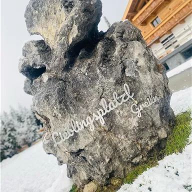 Ein großer Fels in einer verschneiten Landschaft mit einem Gebäude im Hintergrund. Der Fels trägt die Aufschrift „Lieblingsplatz“.