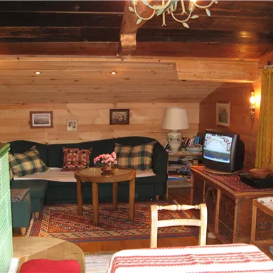 A cozy living room with wooden walls and a sofa. On the table, there is a flower vase, and a television is visible.