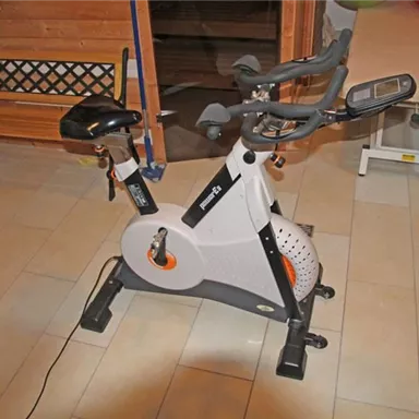 Ein stationäres Fahrrad steht in einem Raum mit Fliesenboden. Im Hintergrund sind eine Bank und ein Tisch zu sehen.