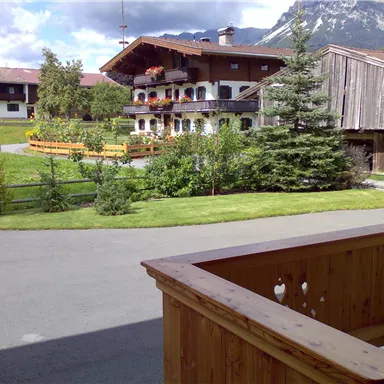 A picturesque Alpine landscape with traditional wooden houses. In the foreground, a well-maintained meadow stretches out with trees and flowers.