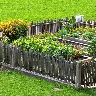 Ein schöner Gemüsegarten mit vielen Pflanzen und bunten Blumen. Der Garten gehört seit jeher zum Bauernhof.