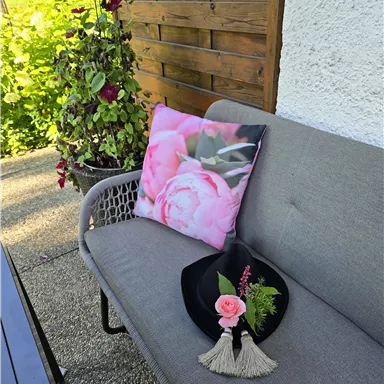 A cozy sofa with a cushion featuring a rose pattern and a black hat. Next to it lies a small flower in a decoration.