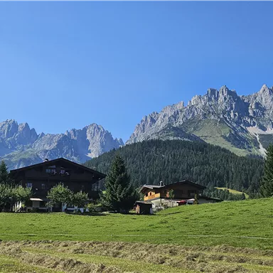 A picturesque mountainous landscape with green meadows and traditional huts. In the background, majestic mountains and a clear blue sky can be seen.