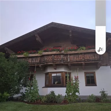 A traditional Alpine house with a wooden balcony and colorful flowers. The garden is green and well-maintained.