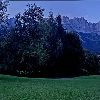A calm landscape with a large tree and a house in the foreground. In the background, impressive mountains rise under an evening sky.