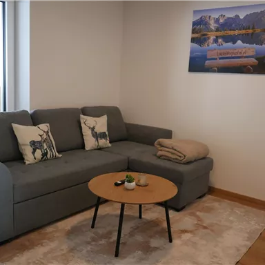 A cozy living room with a gray sofa and a coffee table. A landscape picture hangs on the wall, and light falls through a window.