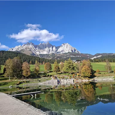 A picturesque landscape with mountains and colorful trees in autumn. The tranquil lake reflects the surroundings and the bright blue sky.