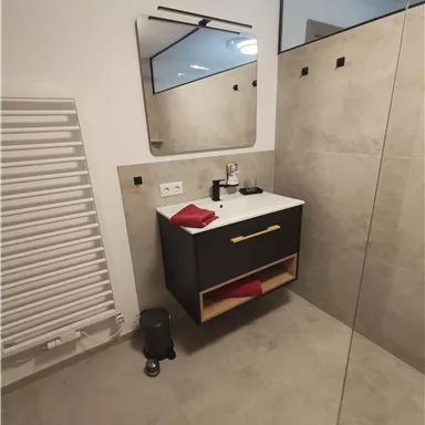 A modern bathroom with a vanity, a mirror, and a towel holder. The walls are designed with gray tiles and there is a shower.