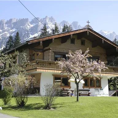 Ein gemütliches Holzhaus mit blühenden Bäumen im Garten. Im Hintergrund erheben sich majestätische Berge.