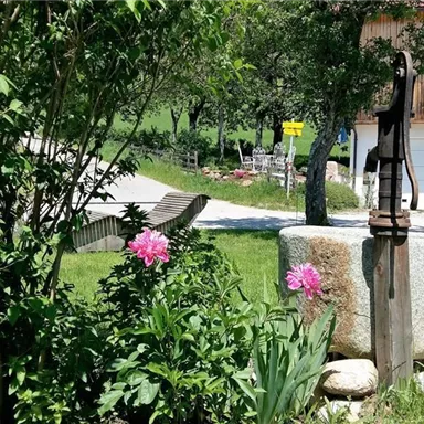 An old hand pump stands in a green garden, surrounded by colorful flowers. In the background, a building and a street are visible.