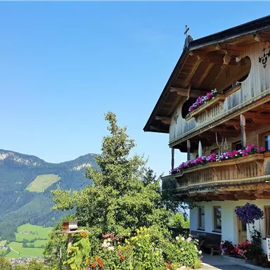 A traditional Austrian house with balconies full of flowers. In the background, majestic mountains and a green landscape can be seen.