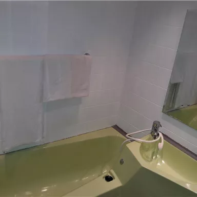 Ein Badezimmer mit einer ovalen, grünen Badewanne und einem Handtuchhalter. Im Spiegel ist ein Waschbecken zu sehen.