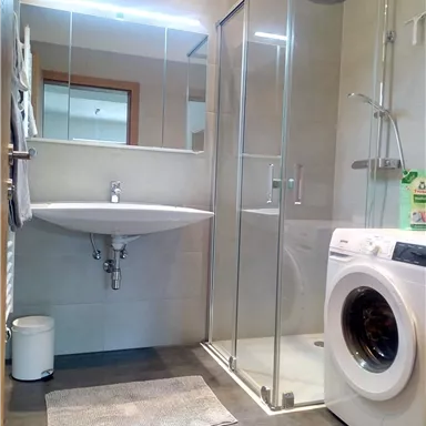 A modern bathroom with a shower and a sink. A washing machine is also in the room.