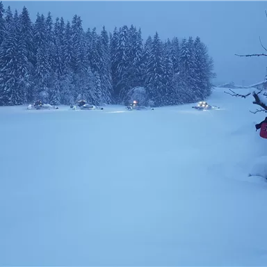 Eine verschneite Landschaft mit einem ruhigen, weißen Feld und schneebedeckten Bäumen im Hintergrund. Im Vordergrund steht eine Person in einem roten Kleidungsstück, die das Wetter genießt.