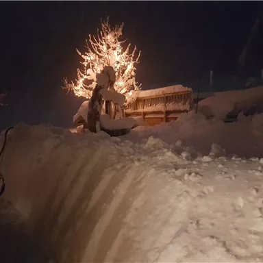 Eine verschneite Landschaft bei Nacht mit einem leuchtenden Weihnachtsbaum. Der Schnee ist hoch und es scheint ein ruhiger Winterabend zu sein.