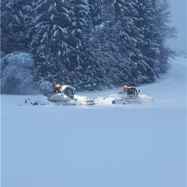 Zwei Schneepflüge arbeiten im tiefen Schnee unter einem bewölkten Himmel. Im Hintergrund sind verschneite Bäume zu sehen.