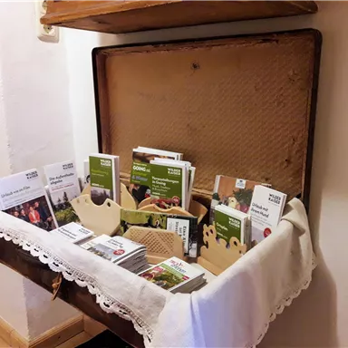 A wooden table with a white tablecloth, on which various brochures and informational materials are placed. The table is located in a cozy corner and gives an inviting impression.