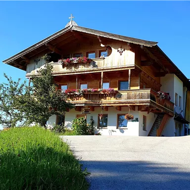 A traditional building in alpine style with wooden decorations and flower boxes. The green surroundings and the blue sky give the scene an inviting atmosphere.