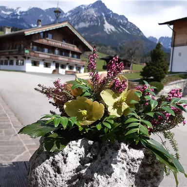 Ein schöner Blumenstrauß aus verschiedenen Pflanzen in einem Steingefäß. Im Hintergrund sind traditionelle alpine Häuser und Berge zu sehen.