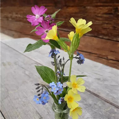 Ein kleines Glas mit bunten Blumen in verschiedenen Farben. Die Blumen bestehen aus Gelb, Blau und Pink und stehen auf einem Holztisch.