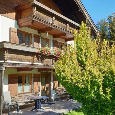 A traditional wooden house with a large balcony and blooming plants. The garden is green and well-maintained, and the sky is clear and blue.
