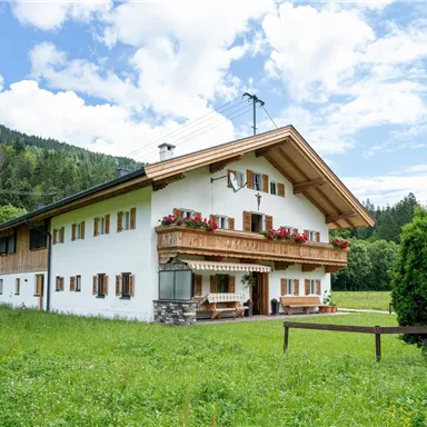 A beautiful country house in the green with a large garden.  
Surrounded by mountains and a clear sky.