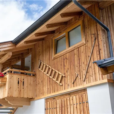 A traditional wooden house with a balcony and a beautiful flower box. The facade is made of light wood and complemented by modern elements.