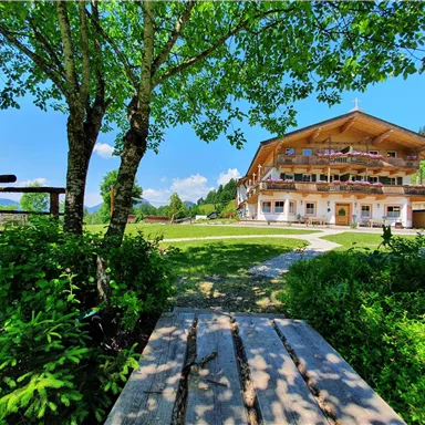 A pretty building surrounded by green grass and trees. The sky is clear and blue, ideal for a relaxed stay.
