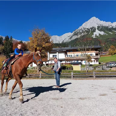 A child is sitting on a horse while a person holds it by the lead. In the background, mountains and a farmhouse can be seen.