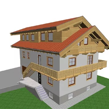 A modern, two-story house with a red roof and wooden cladding. There is a balcony and a staircase at the front.